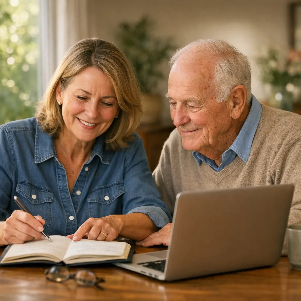 Adult daughter and her father reviewing senior resources Santa Clara County families use, at a sunlit dining table in San Jose