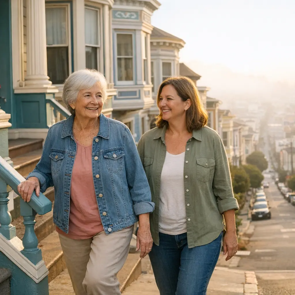 Fall prevention San Francisco: a senior woman and her adult daughter walking down the front steps of a Victorian home