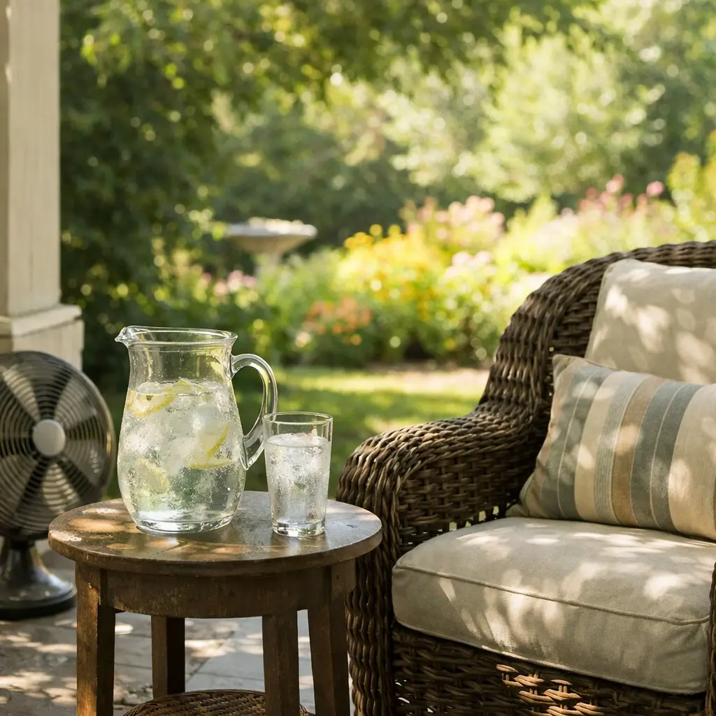 Heat safety for seniors on a shaded Bay Area porch with ice water on a hot day