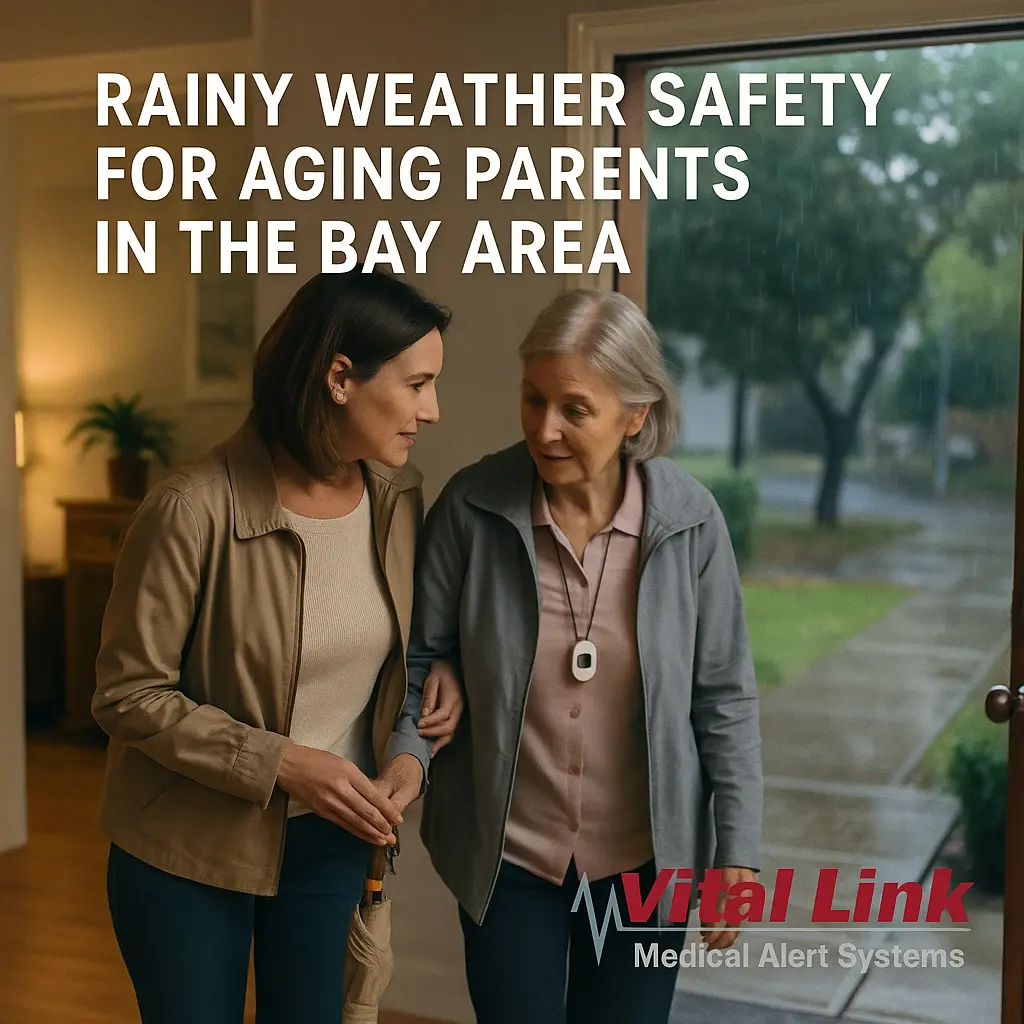 Rainy weather safety for aging parents shown as an adult daughter helps her mother walk safely into a Bay Area home on a wet winter day.