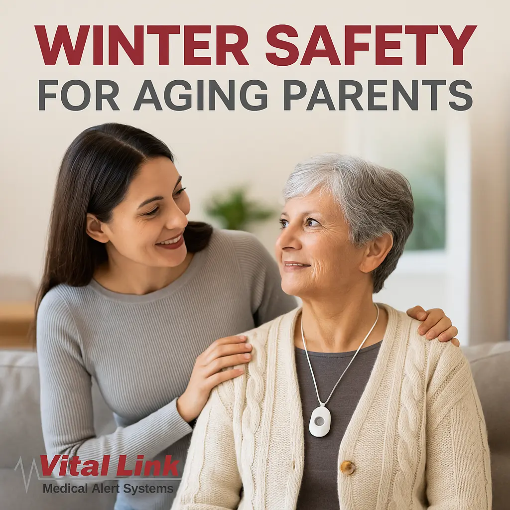 Winter safety for aging parents in the Bay Area illustrated by an adult daughter supporting her mother who is wearing a medical alert pendant.