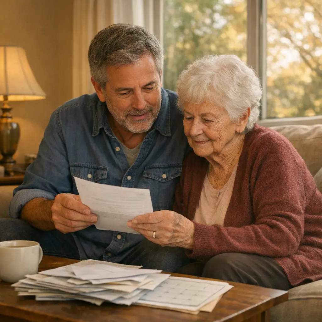 Adult son helping his mother review Medicare open enrollment mail in a Bay Area living room