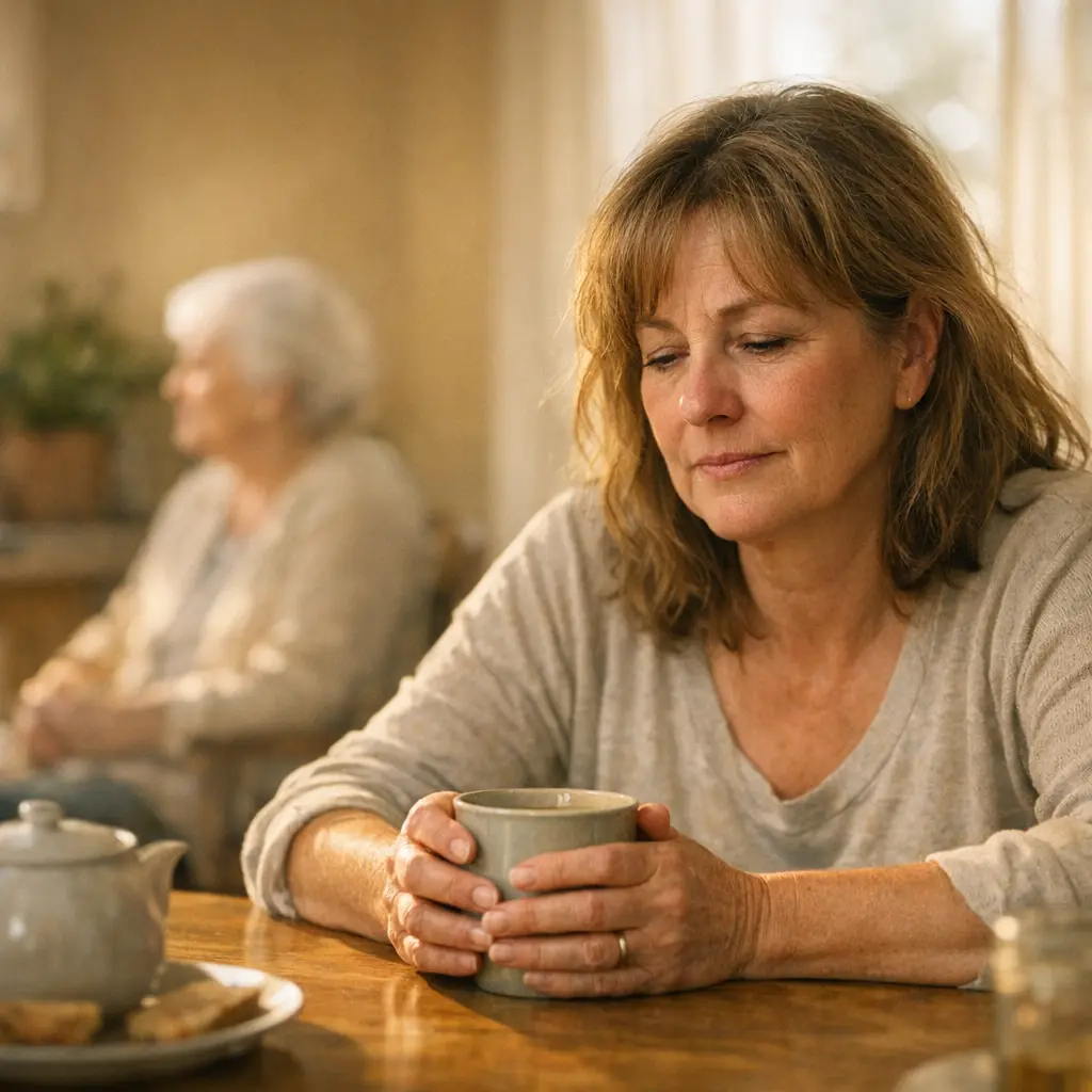 Caregiver burnout: an adult daughter in the Bay Area pausing for a quiet moment at the kitchen table while caring for her mother