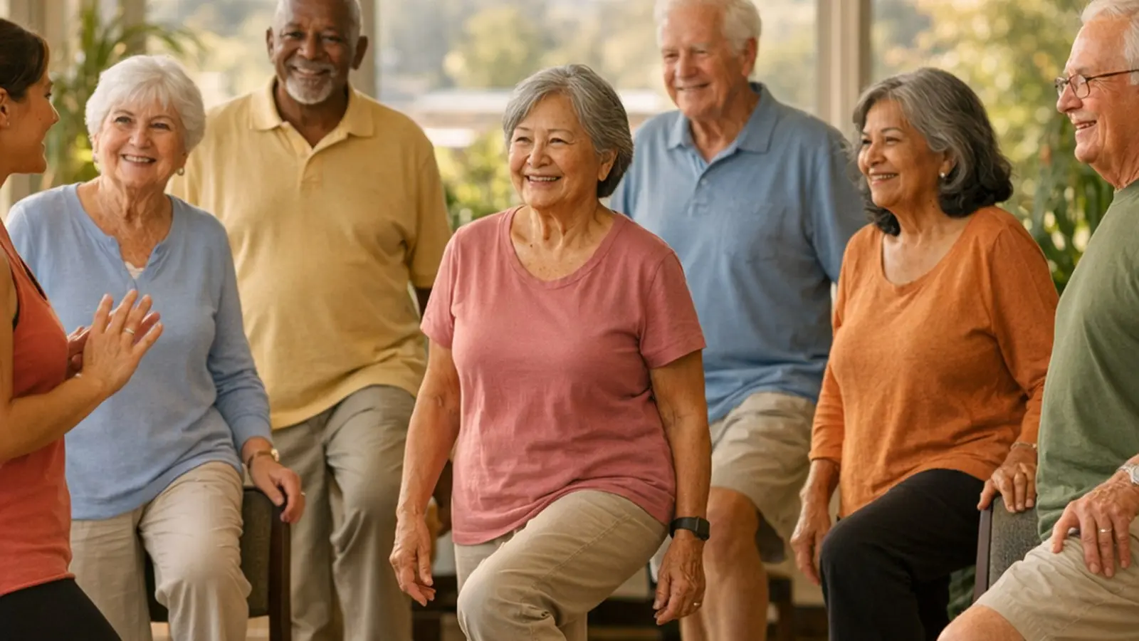 Older adults in a gentle balance class during Falls Prevention Awareness Week at a Bay Area senior center