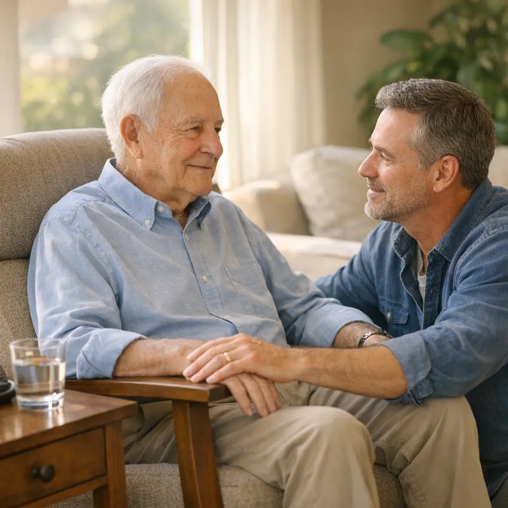 What to do after a fall, a Bay Area senior sitting calmly in a chair while his adult son checks on him at home