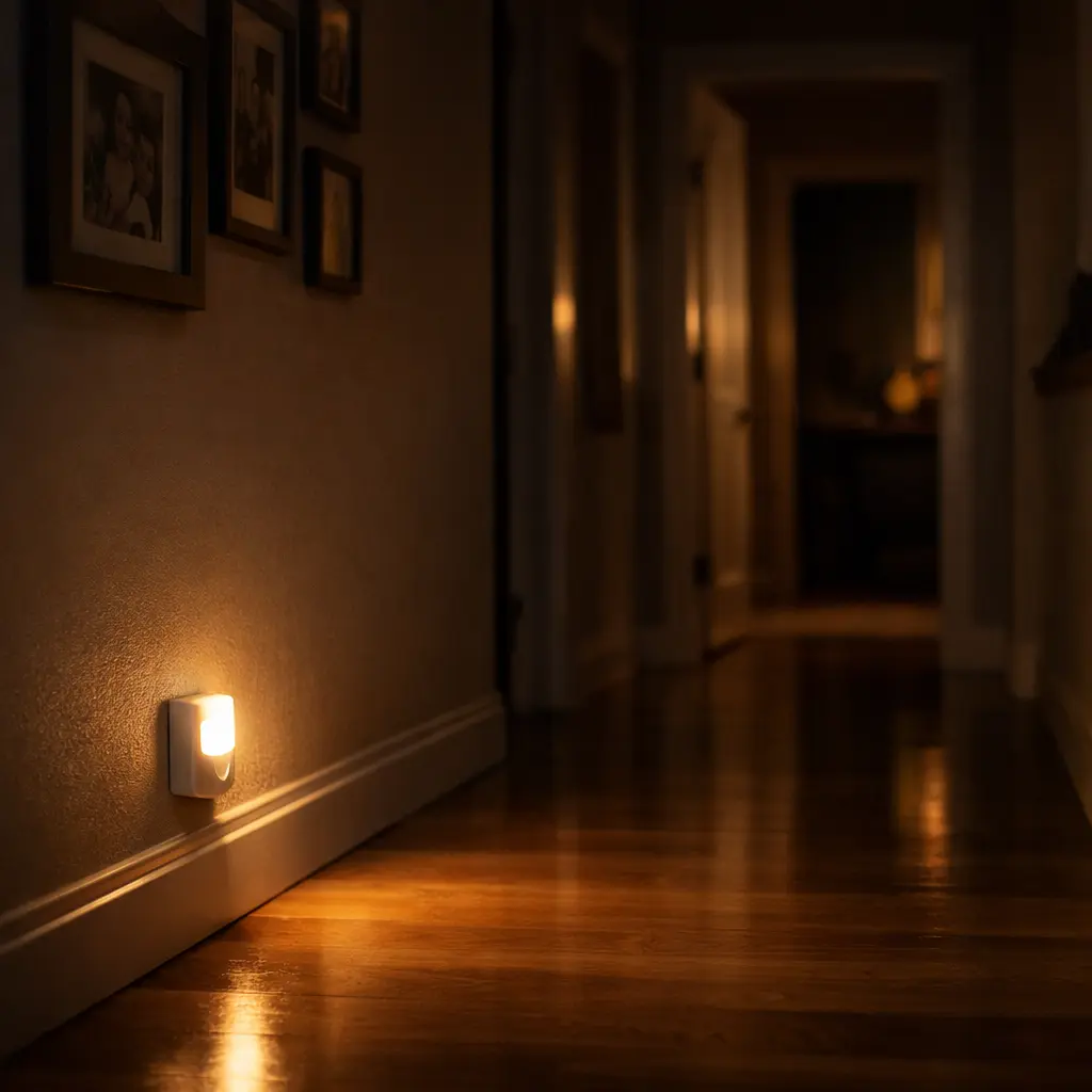Aging in place technology as a motion nightlight quietly lights a safe hallway path