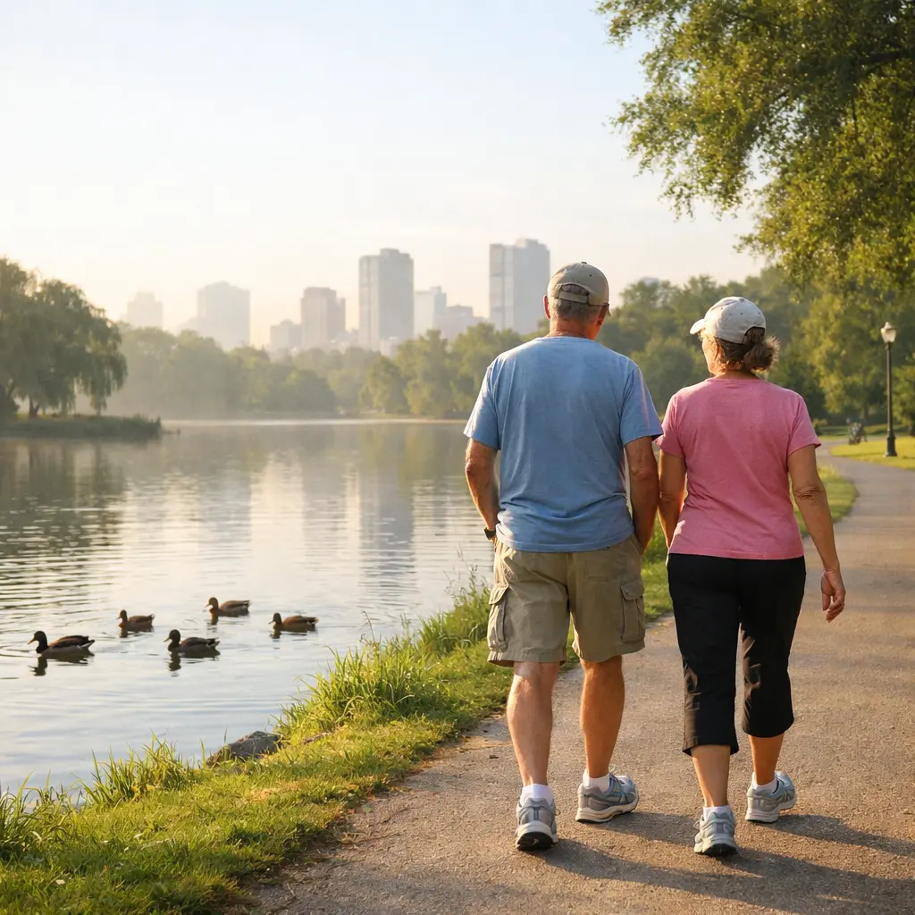 Senior wellness habits in action as an older couple walks a lakeside Bay Area park path