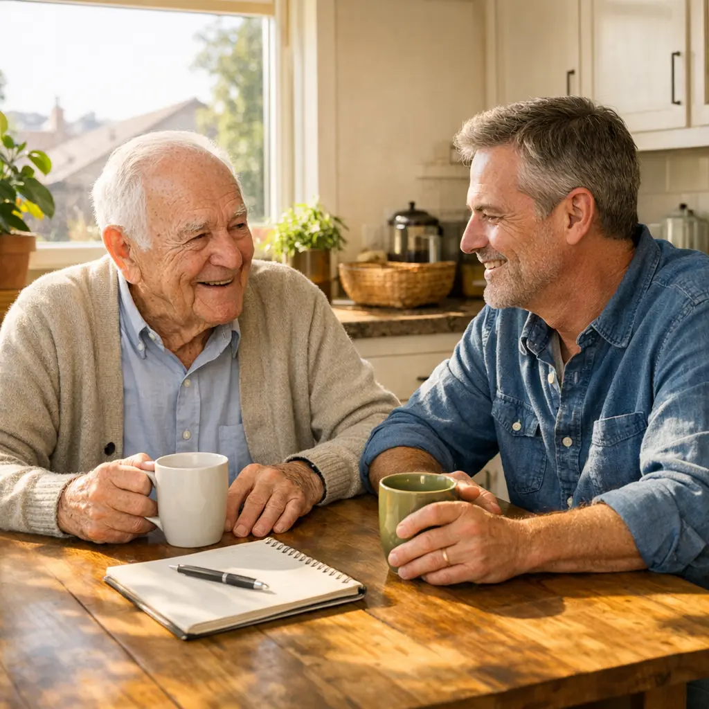 Is fall detection worth it: a Bay Area senior and his adult son talking it through at the kitchen table