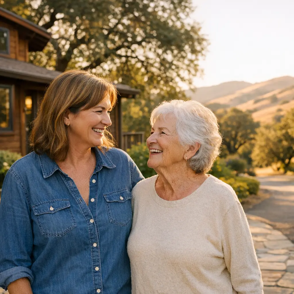 Adult daughter and her mother comparing medical alert systems Marin County families rely on, outside their hillside home