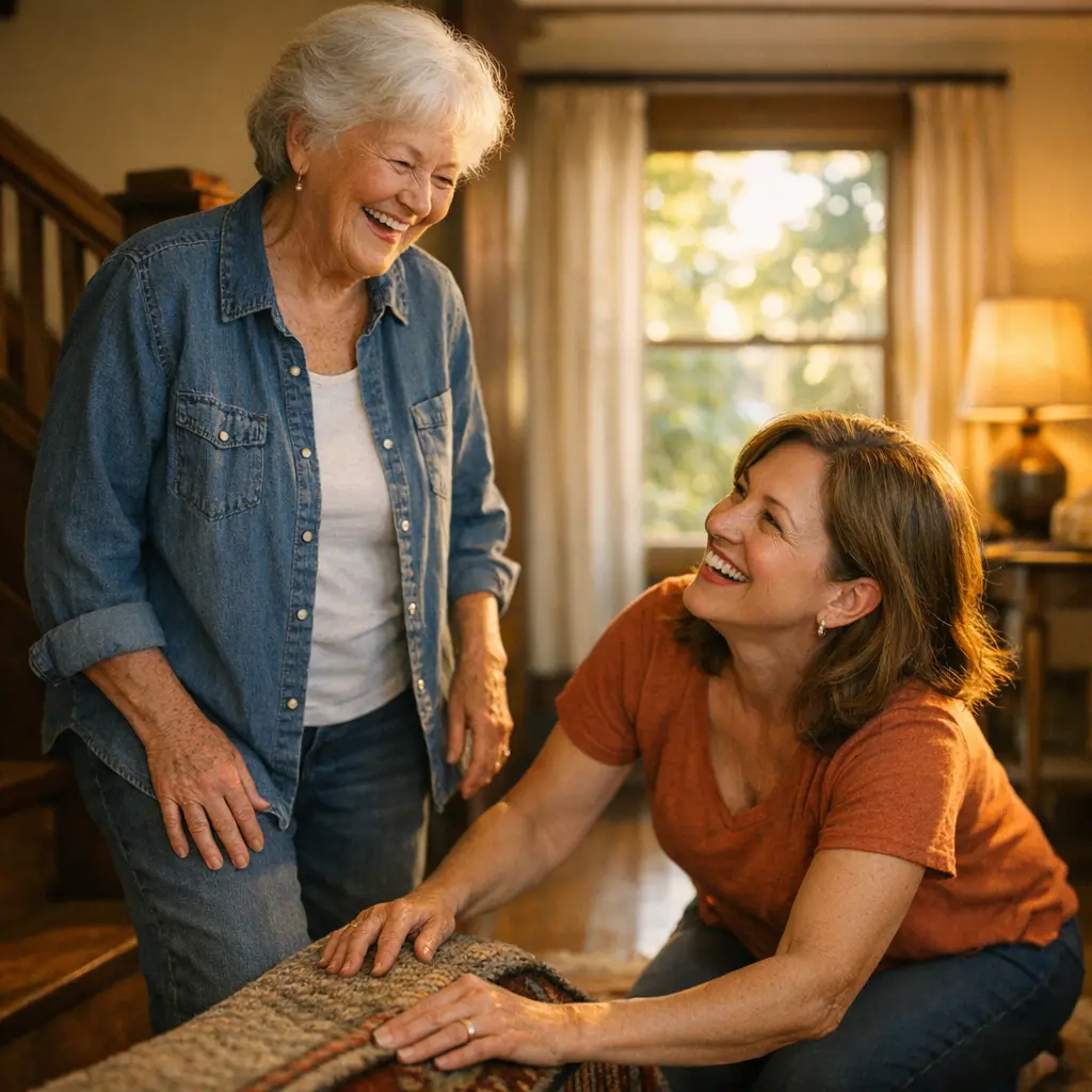 Fall prevention for seniors at home, an Oakland Bay Area woman and her adult daughter securing a rug in a sunlit hallway