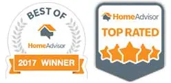 HomeAdvisor awards badges: 2017 Winner and Top Rated, highlighting Force Plumbing and Heating LLC's exceptional service in the plumbing industry.