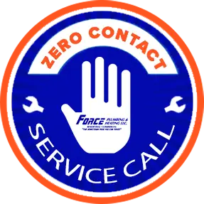 Zero Contact Service Call badge featuring a hand symbol, blue background, and Force Plumbing and Heating LLC branding, emphasizing safety measures during COVID-19.