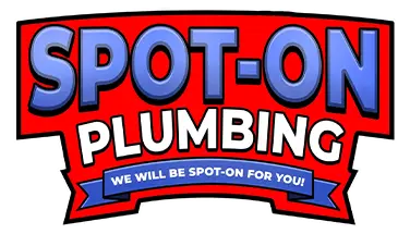 Spot-On Plumbing logo featuring bold text on a red background, emphasizing plumbing services and commitment to customer satisfaction.
