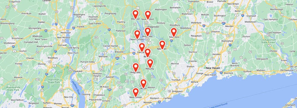 Map of Danbury, CT area with marked locations for Carmine's Trusted Plumbing, Heating & Air Conditioning services.