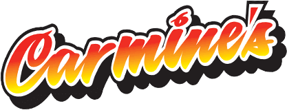 Bold 'Carmine's' logo in yellow and red gradient with black outline, for Carmine's Plumbing & Air Conditioning.