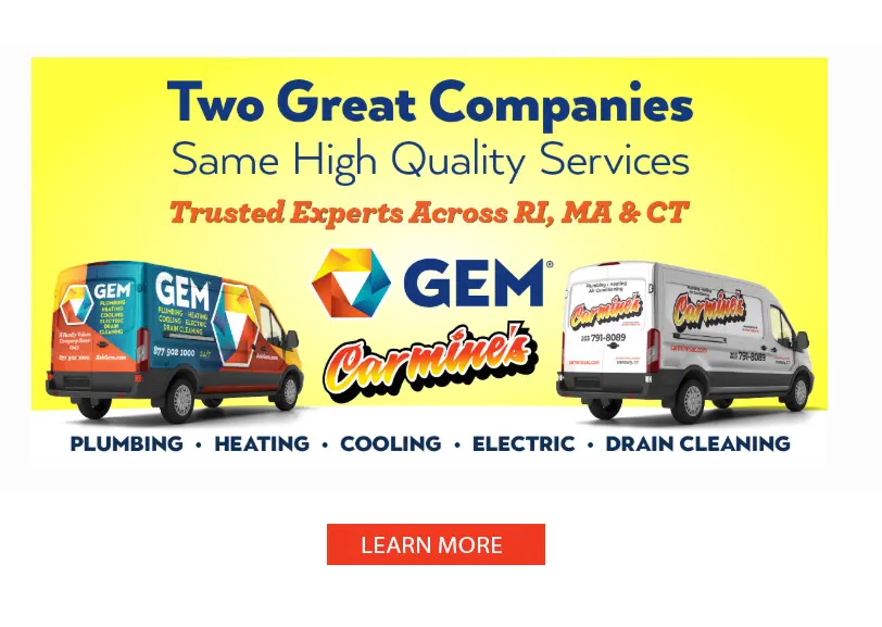 Two service vans for Carmine's Plumbing, Heating & Air Conditioning and GEM, highlighting plumbing, heating, cooling, electric, and drain cleaning services with a bright yellow background.