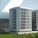 Air conditioning units on a concrete platform by Carmine's Plumbing, Heating & Air Conditioning.