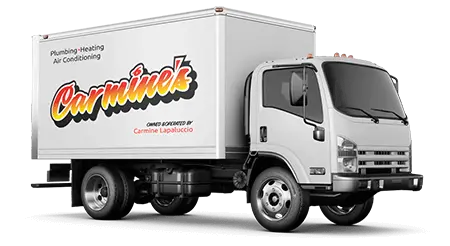 Carmine's Plumbing, Heating & Air Conditioning service truck showcasing plumbing, heating, and air conditioning services, emphasizing annual maintenance and system efficiency.
