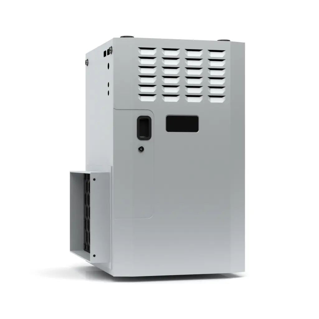 White HVAC furnace unit with vents and control panel on a white background.