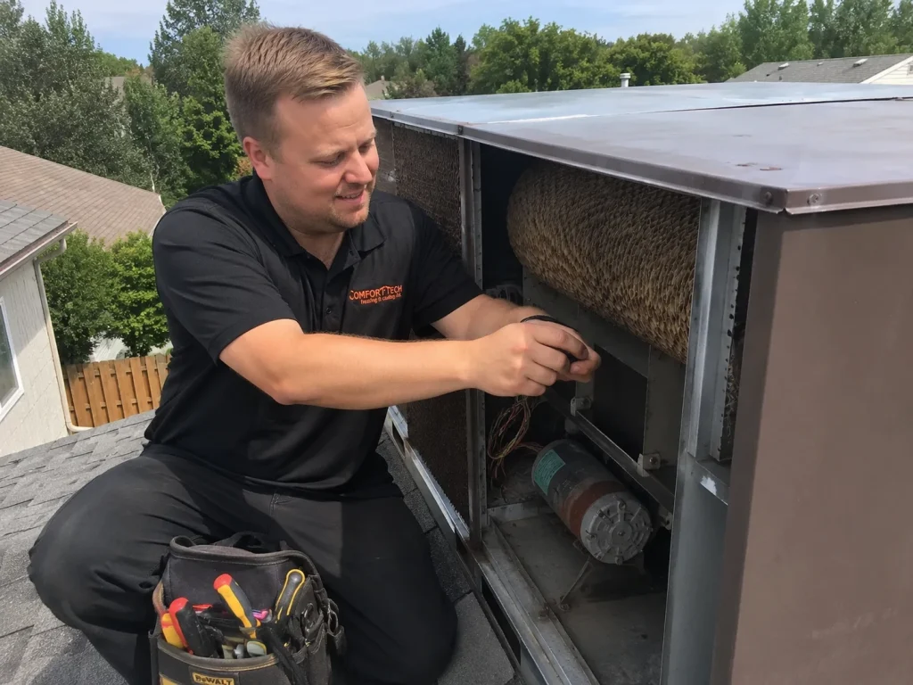 Comfort Tech worker inspecting evaporative cooler unit