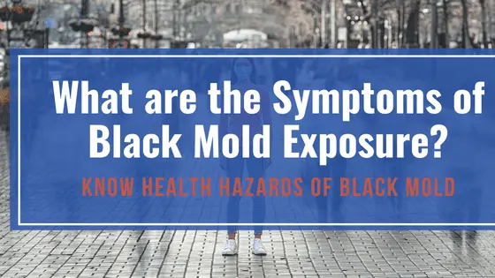 A woman standing in an urban plaza, behind the text "What are the Symptoms of Black Mold Exposure - Know health Hazards of Black Mold".