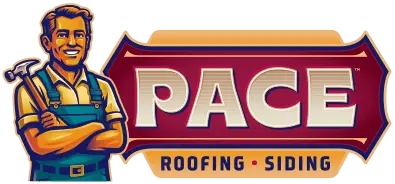 Pace Roofing logo featuring a smiling man with a hammer and tools, roofing and siding services.