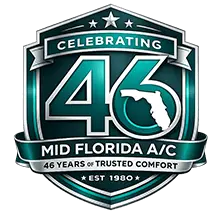 Celebrating 46 years of trusted HVAC service, Mid Florida A/C logo featuring a shield design with the number 46, Florida outline, and text highlighting commitment to comfort and customer satisfaction.