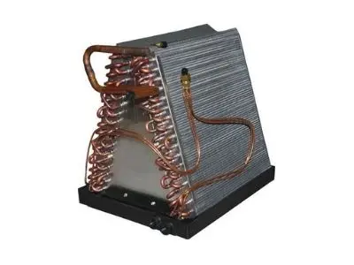 Evaporator coil component of an HVAC system with copper tubing, essential for air conditioning and refrigeration, illustrating critical technology for maintaining indoor comfort.