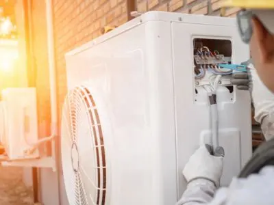 Technician working on heat pump unit, focusing on electrical connections, with outdoor setting and sunlight highlighting energy-efficient HVAC repair services.
