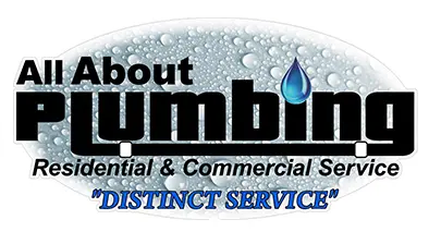 Logo of Spencer Home Services featuring the text "All About Plumbing" with a water droplet, emphasizing residential and commercial plumbing services, and the tagline "Distinct Service."
