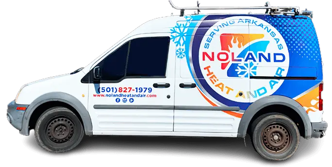 White HVAC service van with Noland Heat and Air branding, phone number, and colorful logo design on the side.