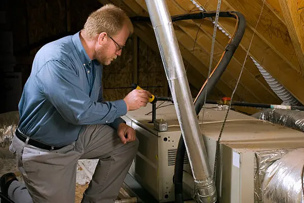 Technician inspecting HVAC system in attic.