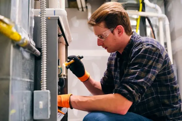 Technician in safety glasses and gloves working on HVAC system in a utility room.