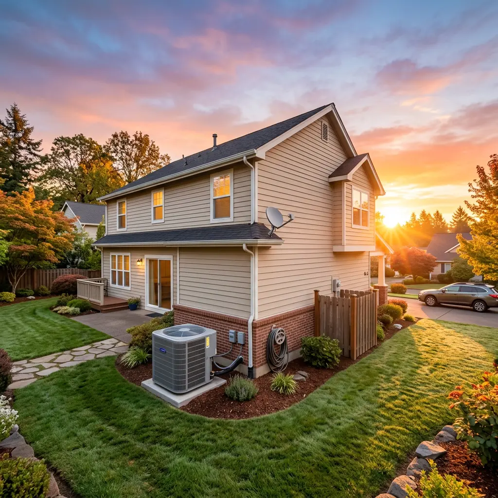 Two-story suburban home with beige siding, green lawn, and sunset in background