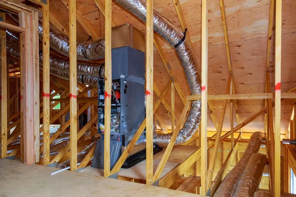 New home construction with installation of heating system in an attic
