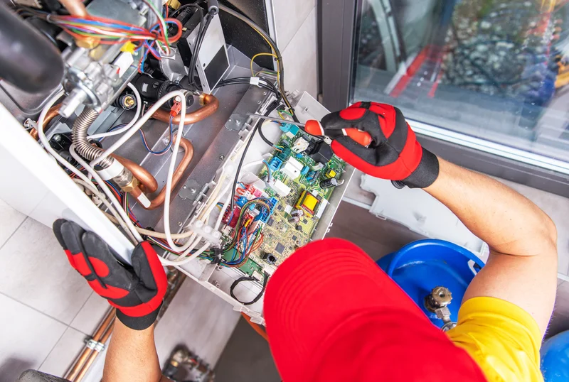 Technician in red hat fixing HVAC unit with tools, wires exposed.