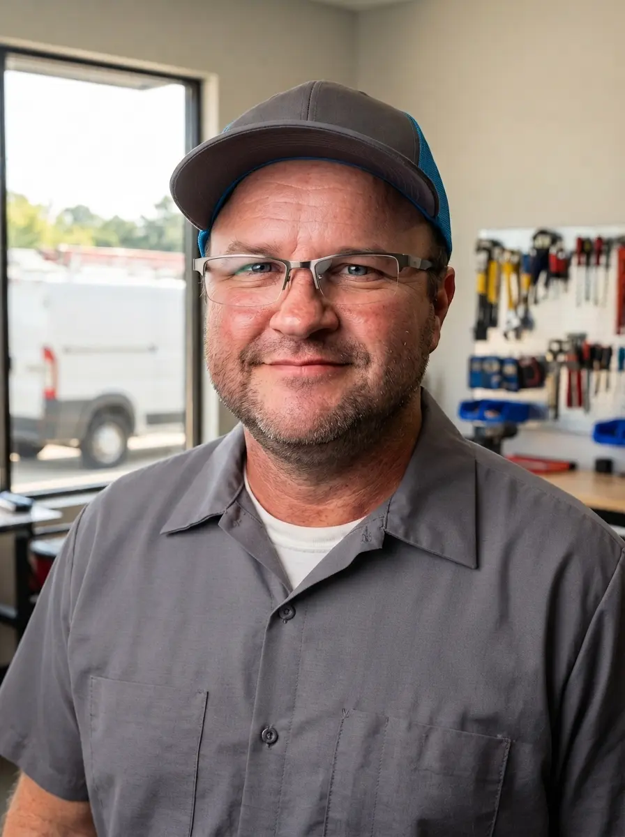 Robert Noland in a gray work shirt and baseball cap stands in front of a workshop with tools hanging on the wall.