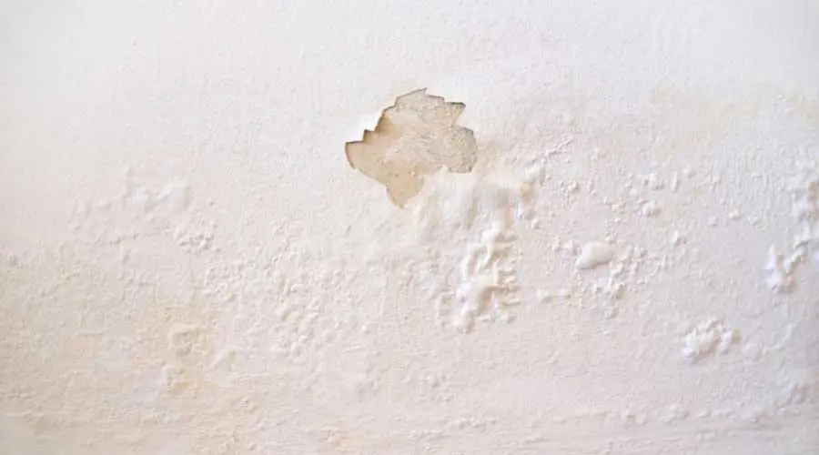 Damage on a wall showing peeling paint and moisture issues, relevant to indoor humidity management and air quality concerns.