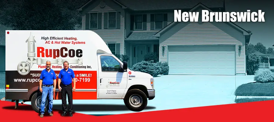RupCoe Plumbing, Heating & Air Conditioning service van parked in front of a house in New Brunswick, featuring company branding and two technicians ready to assist with plumbing and HVAC services.
