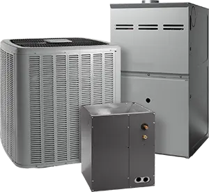 Mitis-Logo HVAC units including an air conditioning condenser, a furnace, and an air handler, representing Cotti-Johnson's expert heating and cooling services in Taunton, MA.