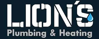 Lion's Plumbing & Heating logo featuring bold text with a water droplet, representing plumbing and heating services focused on customer communication and accessibility.