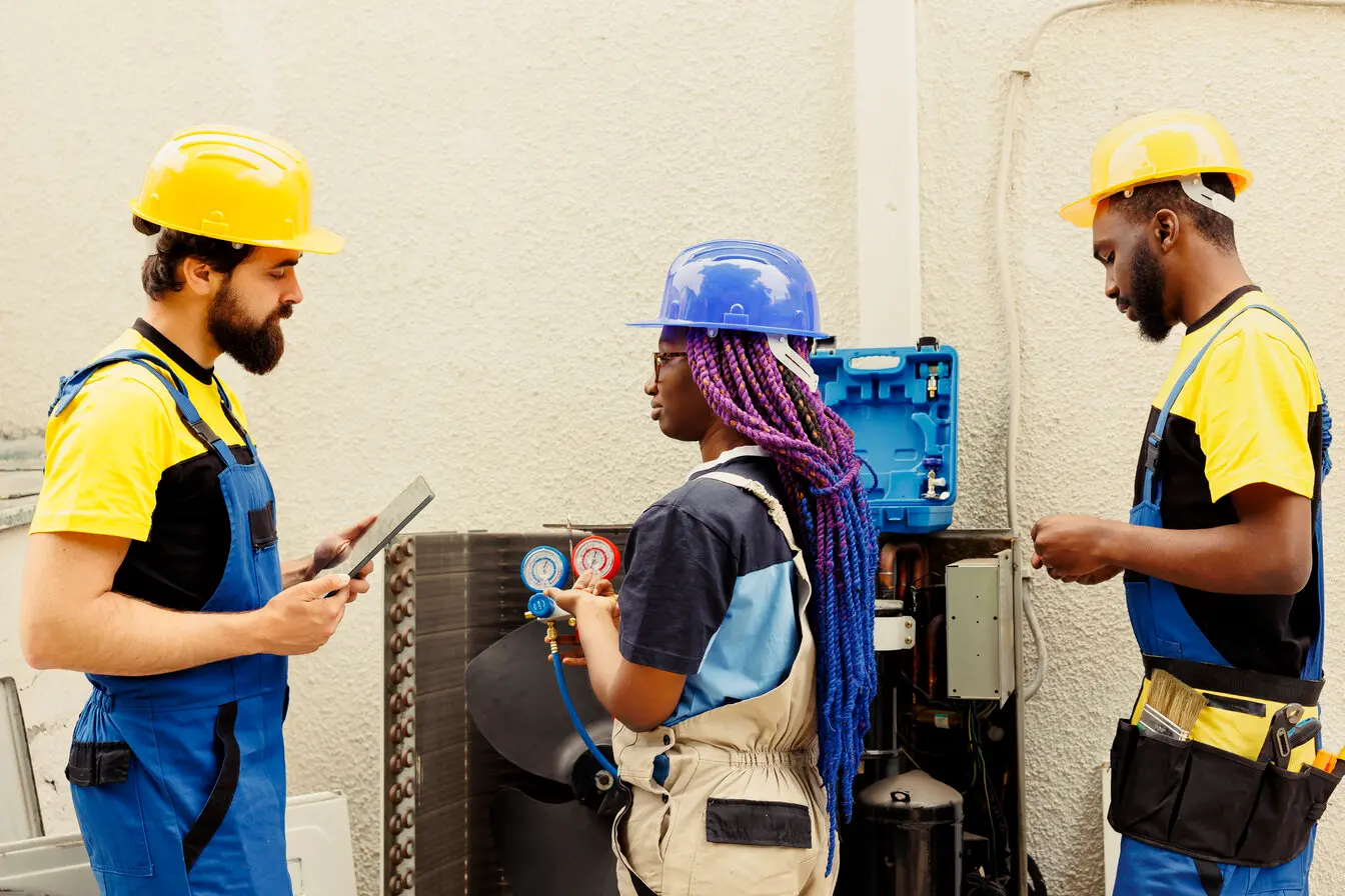 HVAC technicians discussing repairs with tools and equipment, emphasizing professional HVAC services for home comfort maintenance.
