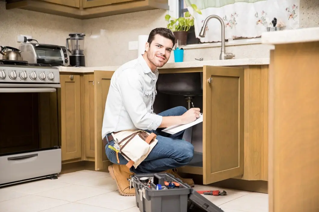 Plumber inspecting under kitchen sink with tools, emphasizing professional plumbing services and problem-solving for home comfort.