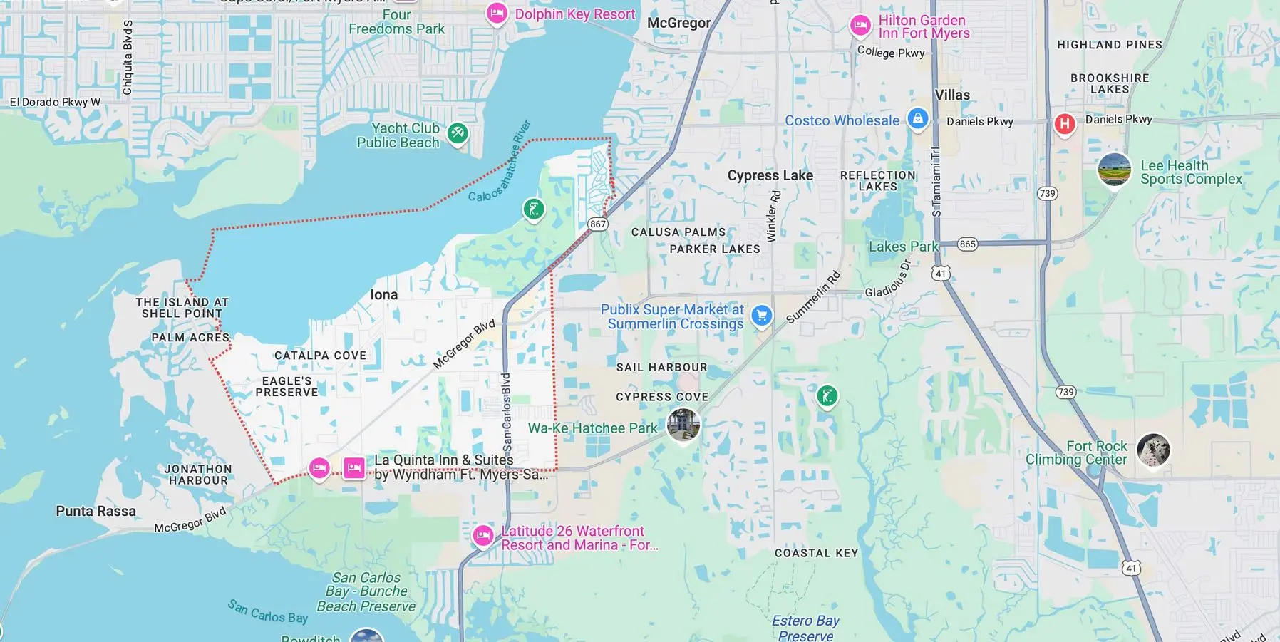 Map of Iona, Florida, highlighting local features and landmarks relevant to Catalyst Air Conditioning and Plumbing's heating services, including emergency repairs and maintenance.