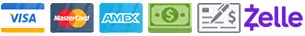 Logos of various payment methods including Visa, MasterCard, American Express, cash, and Zelle, relevant to payment options for Catalyst Air Conditioning and Plumbing services.