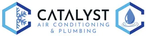 Logo of Catalyst Air Conditioning and Plumbing featuring a snowflake and water droplet icons, emphasizing HVAC and plumbing services.