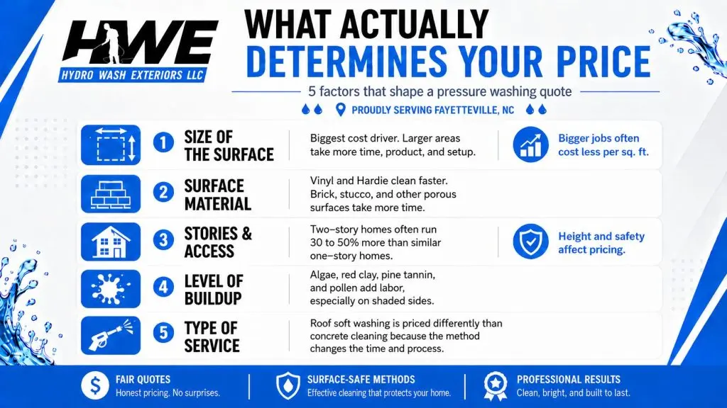 Infographic showing 5 factors that affect pressure washing prices in Fayetteville, NC, including surface size, material, stories and access, buildup, and service type.