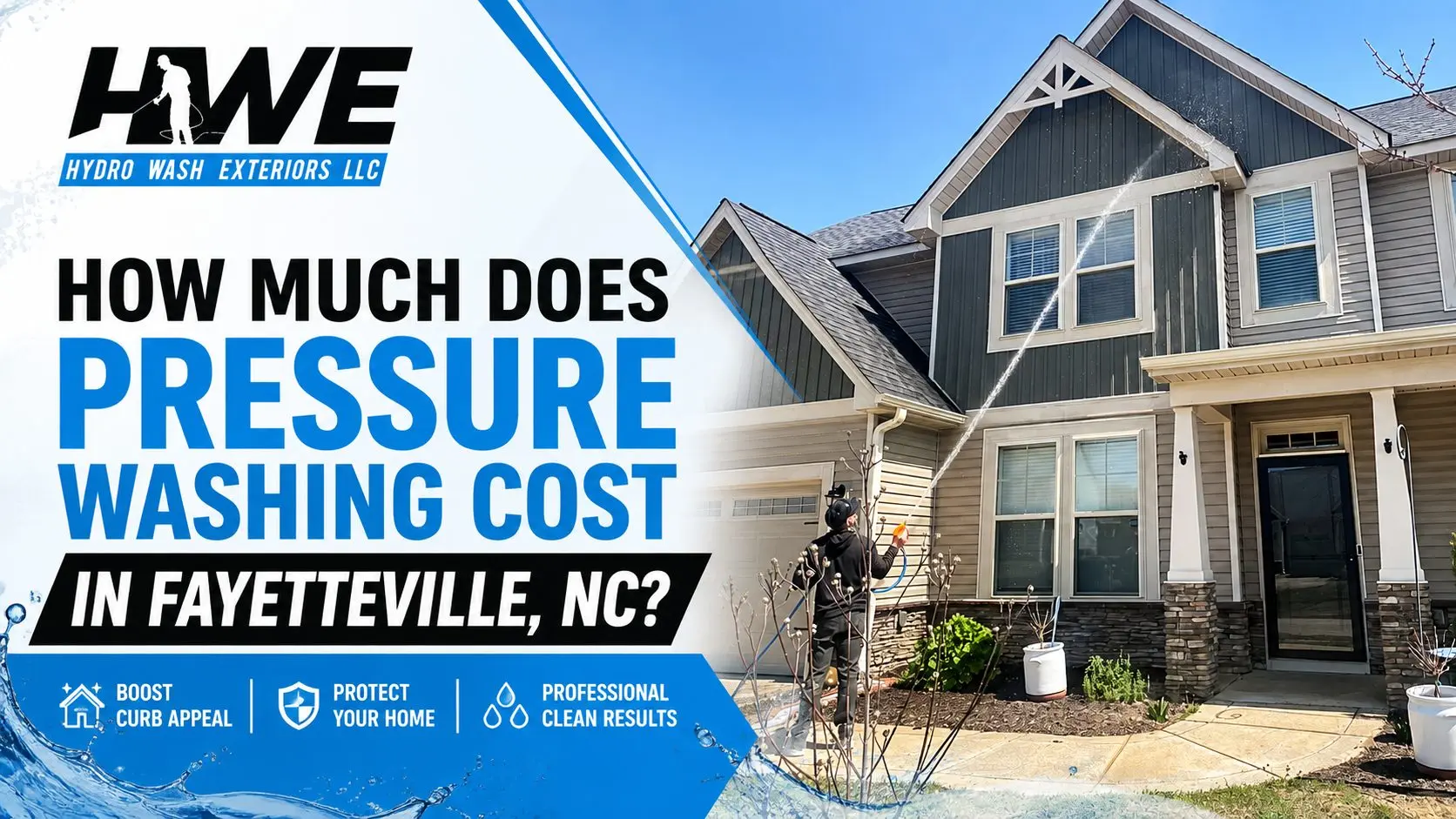Hydro Wash Exteriors technician pressure washing a home in Fayetteville, NC, for a guide about local pressure washing costs.