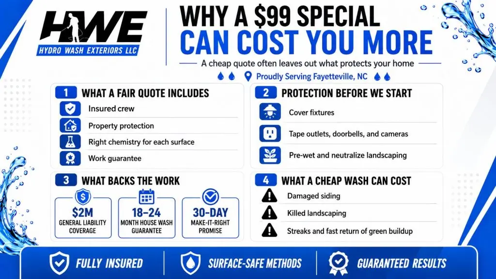 Infographic explaining why a $99 pressure washing special may cost more, including insurance, property protection, guarantees, and risks of cheap service in Fayetteville, NC.