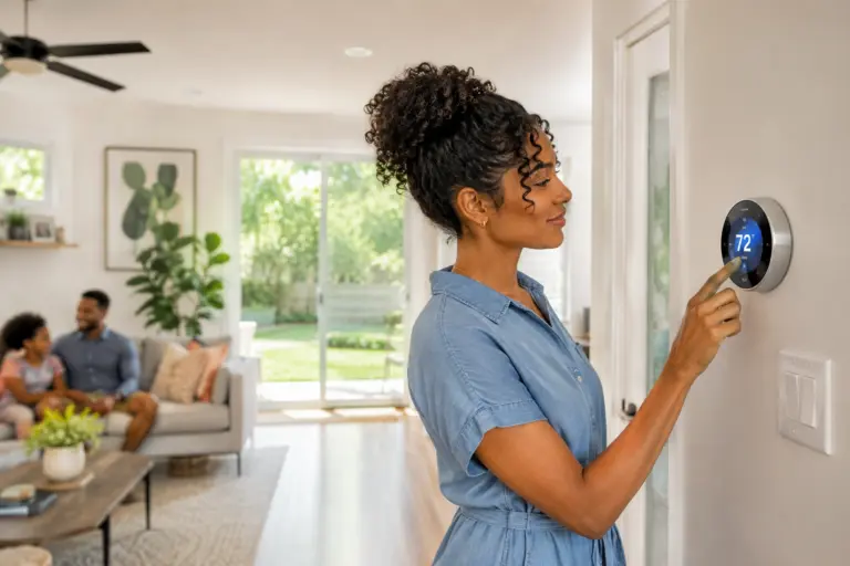 Adjusting the thermostat in a cozy home